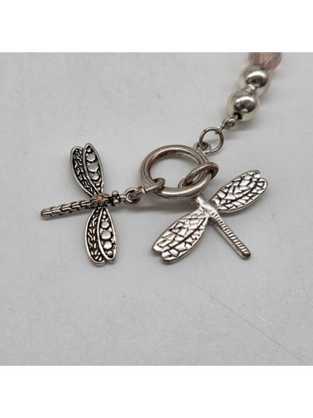 Dragonfly Charm Beaded Bracelet Toggle Clasp Silver & Pink Accents 8" Long - Picture 7 of 7